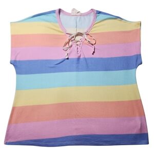 Fantastic Fawn Pastel Rainbow Striped V-neck Short Sleeve Size Large